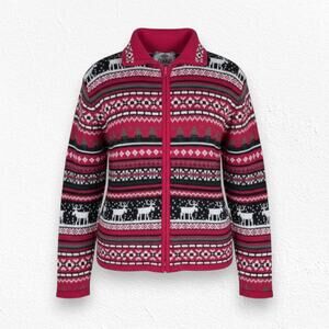 Y2K Tiara Red Holiday Moose Tree Full Zip Winter Festive Sweater Size XL